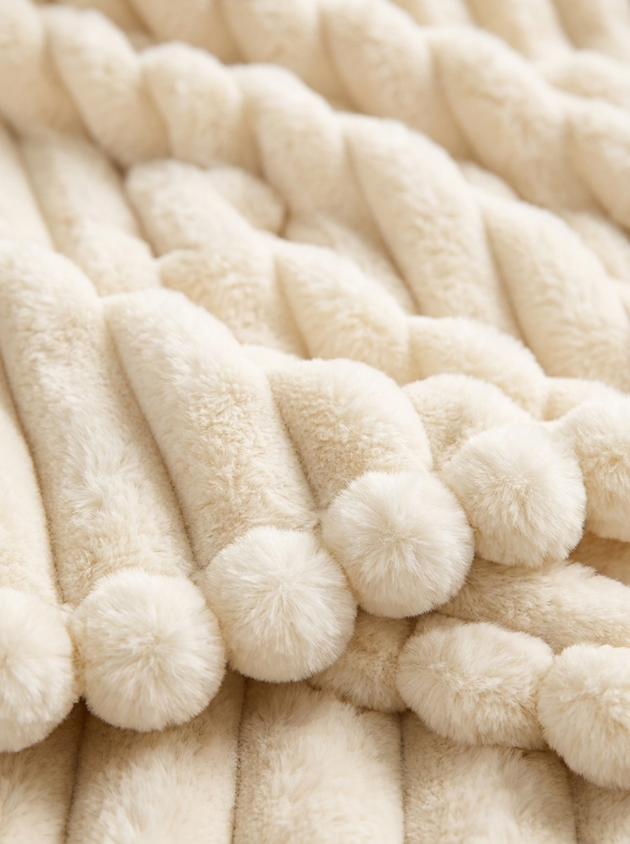 Close-up of the ribbed plush and pom-pom edge of the Cloud Rib blanket